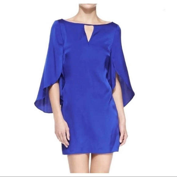 Milly Sz 4 Blue Stretch Silk Crepe Butterfly Sleeve Keyhole Mini Dress USA - Picture 1 of 11
